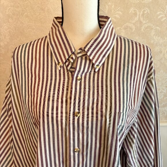 Muted Dark Jewel Tone Vertical Striped 90s Long Sleeve Button Down Shirt 2XLT - Picture 4 of 11